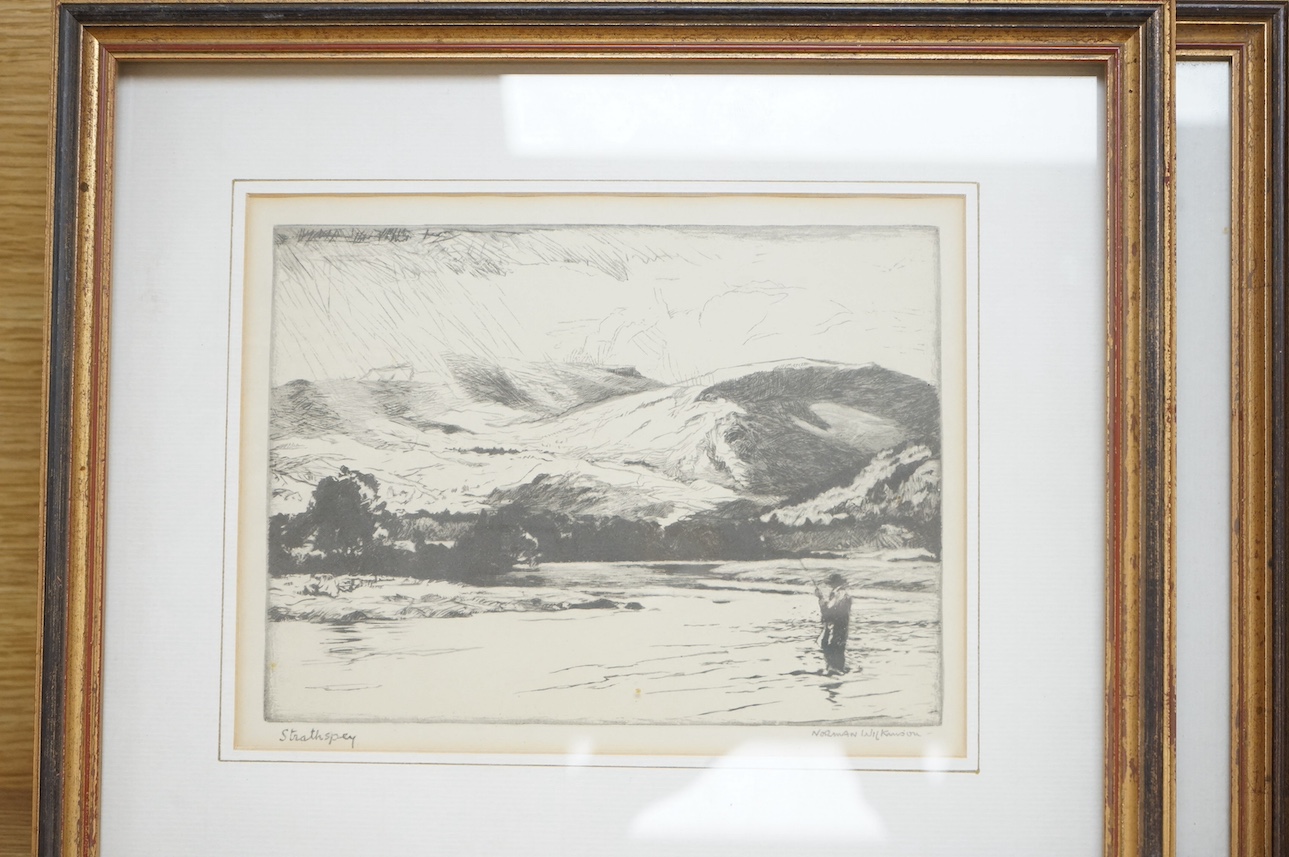 Norman Wilkinson (1878-1971), set of four etchings, to include: ‘Loch fishing’, 'A likely cast' and ‘Shepherd's pool’, each signed in pencil, 15 x 21cm. Condition - fair